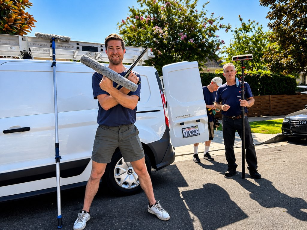Squeaky Clean crew members with professional window-cleaning tools beside their van